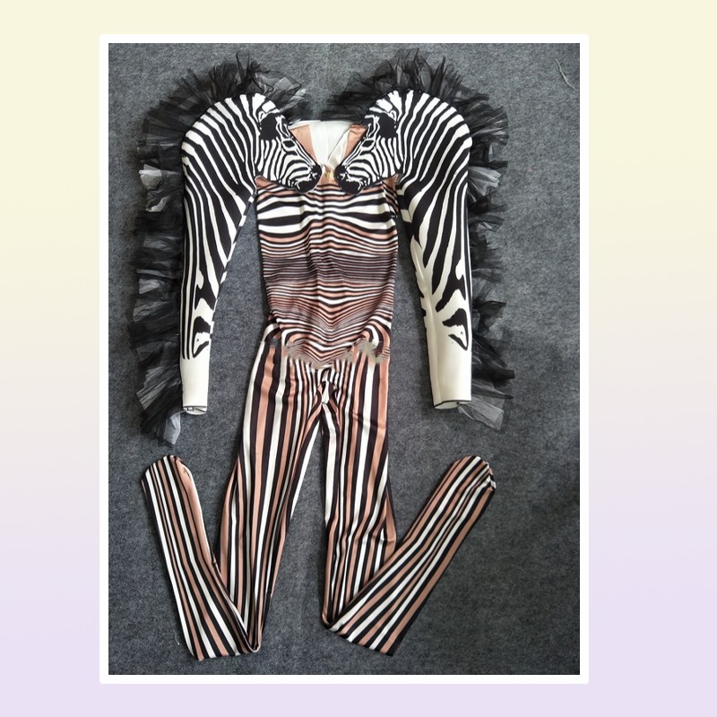Fashion Zebra Pattern Jumpsuit Women Singer Sexy Stage Outfit Bar DS Dance Cosplay Bodysuit Performance Show Costume 2203225206096