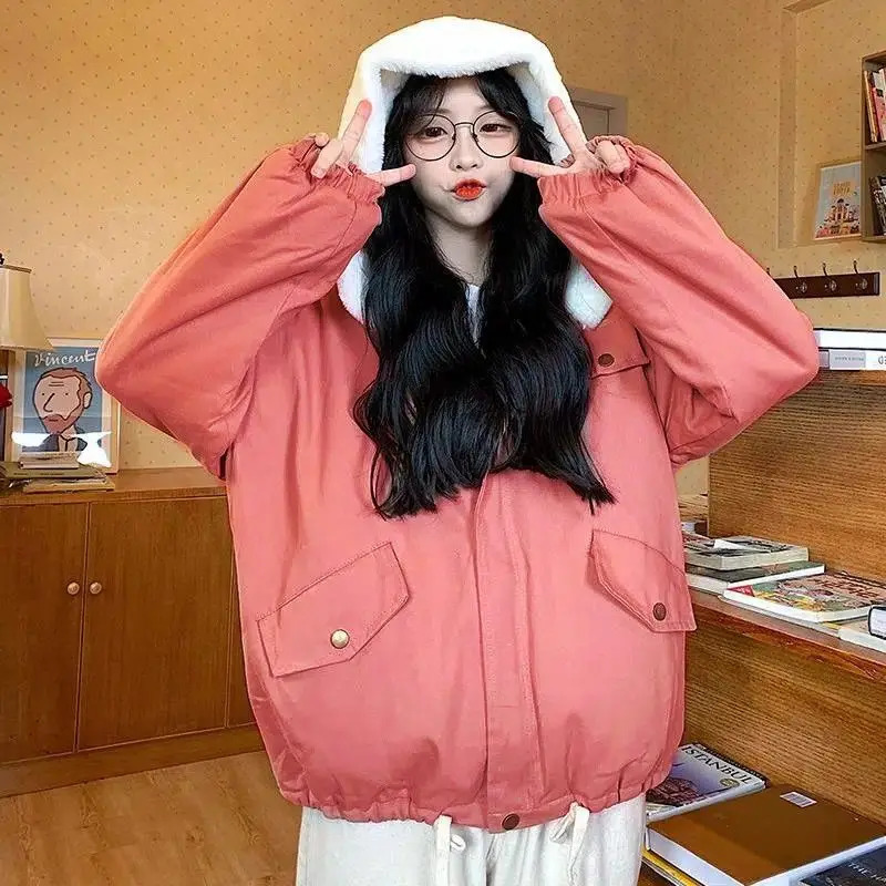 Work coat girls autumn and winter clothing Korean version student plus velvet thickened lamb wool short cotton coat 240117