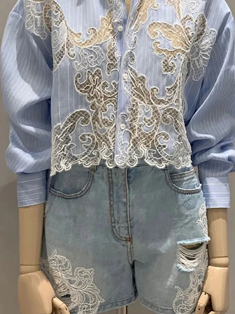 VGH Striped Patchwork Lace Elegant Shirt For Women Lapel Long Sleeve Spliced Irregular Hem Temperament Blouse Female Fashion 240116