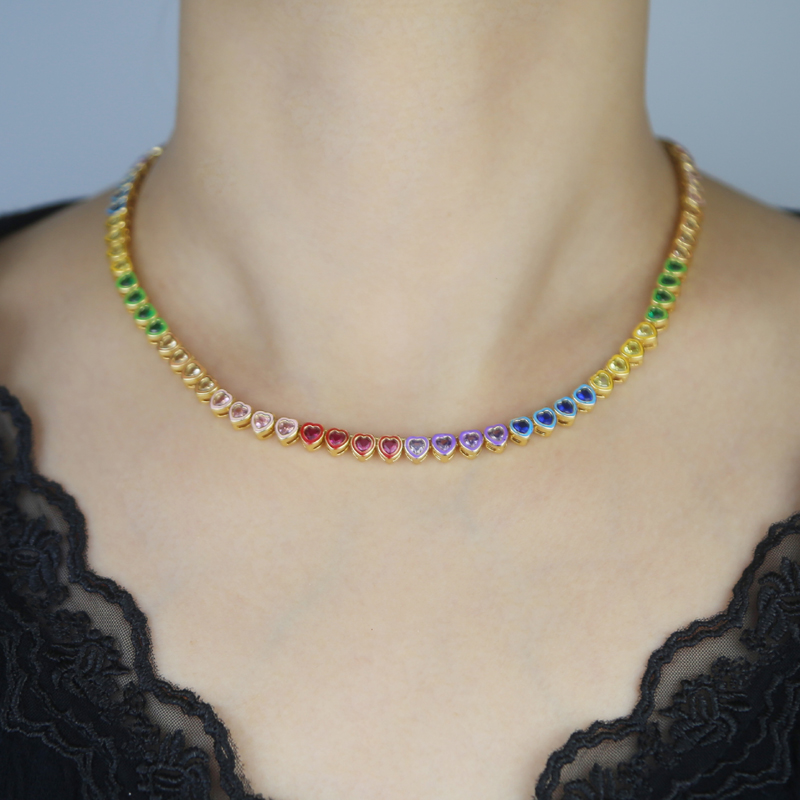 Iced Out Rainbow Heart Zircon Choker Necklace | Gold Plated Cubic Zirconia Fashion Jewelry for Women Men