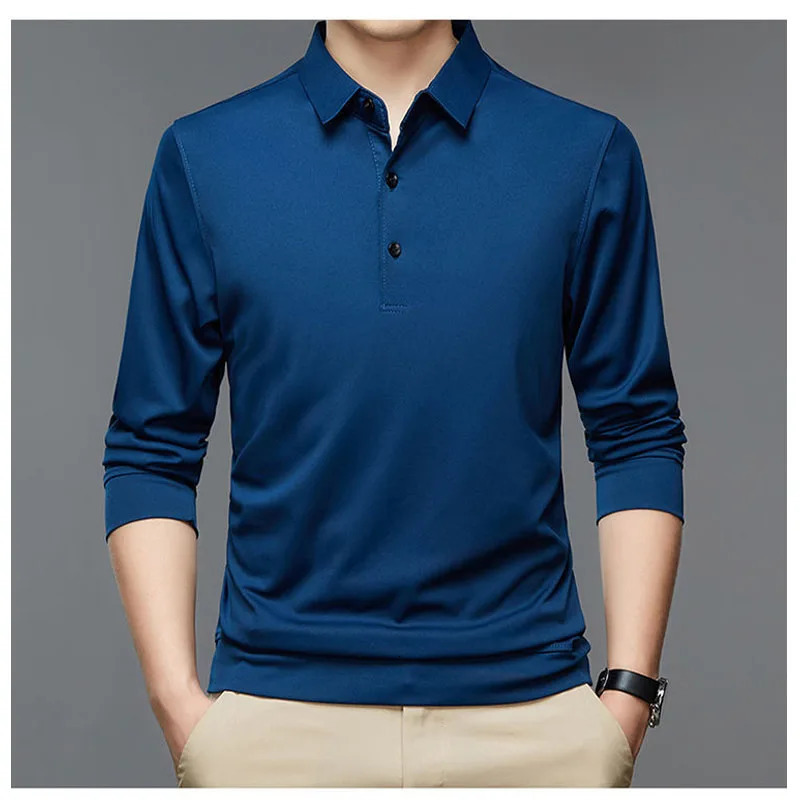 Streetwear Fashion Men Solid Polo Shirts Spring Autumn T-Shirt Korean Long Sleeve Lapel Thin Male Clothes Business Tops 240117