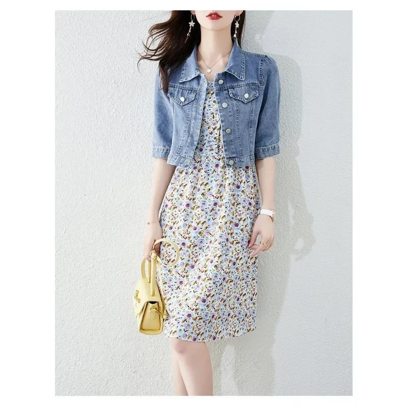 2023 Autumn Jacket Women Basic Solid Vintage Crops Trendy Turn Down Collar Half Sleeve Denim Fit Harajuku Street Female Outwear 240116