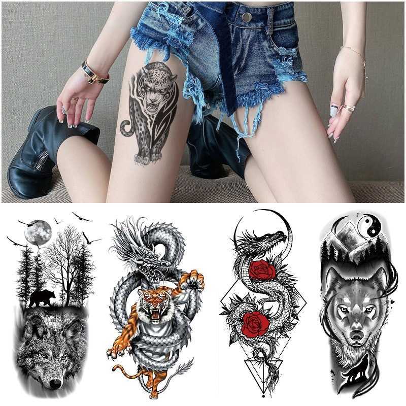 Wind tattoo sticker with colored mermaid, nine tailed fox, flying horse, geometric animal pattern, waterproof