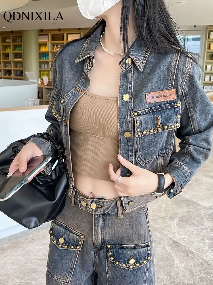 Women's Suit Long Sleeve Korean Short Denim Top Fashion Trouser Matching Sets Plus Size Outfit Two Piece Set for Women 240117