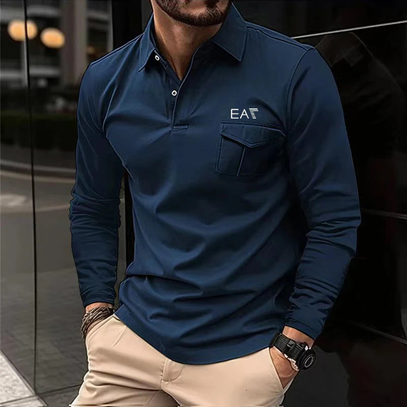 Fashion Printed Mens Long Sleeve POLO Shirt Solid Color Polo Collar Business Casual 240117