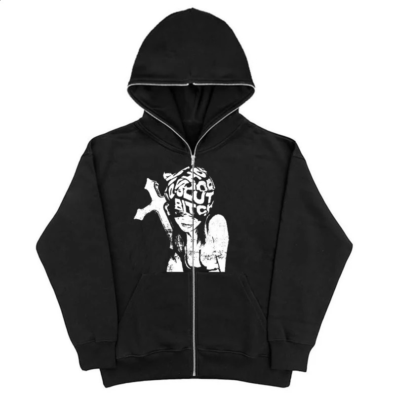Unisex Harajuku Graphic Print Rock Gothic Y2K Hooded Sweatshirt Fashion Casual Oversize Punk Hoodie Top Retro Hip Hop Pullover 240117