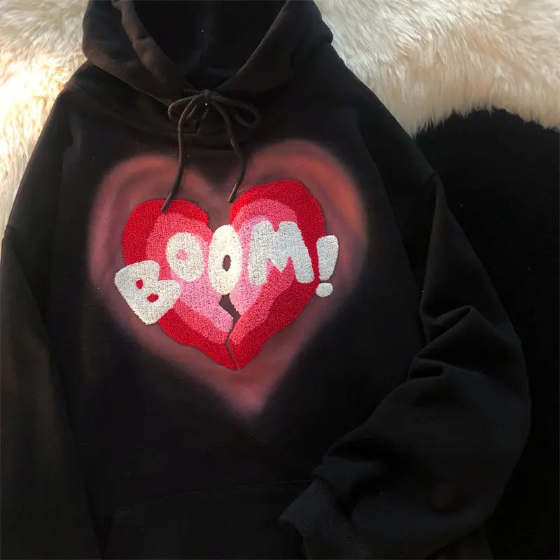 Love hooded sweater Y2K autumn Korean version of loose long-sleeved shirt female student flocking love letter jacket trend 240117