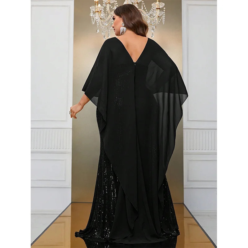 Plus Size Chiffon Shawl Elegant Sparkling Evening Dress 5XL 6XL Big Long Banquet Party Cape Sequin for Women 240116