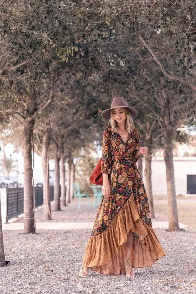Autumn Floor Length Dress Women's Long Sleeve Printing Dress Floral Vintage Irregular Maxi Dress Mujer Chic Boho 240116