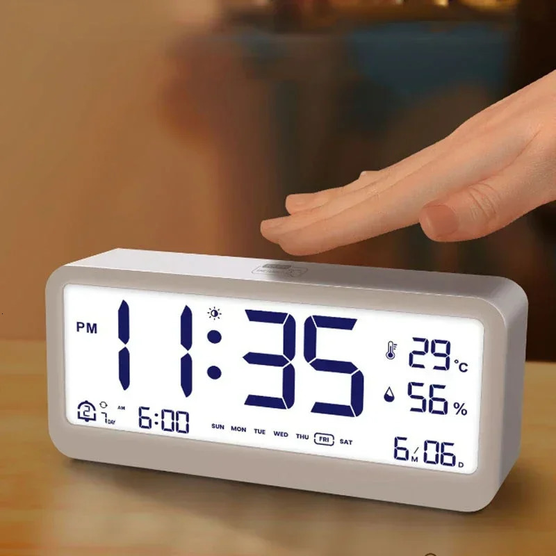 Digital Alarm Clock Table Electronics Wall Temperature Humidity Calendar Week Bedroom Child Desk Watch Night Light Decorations 240116