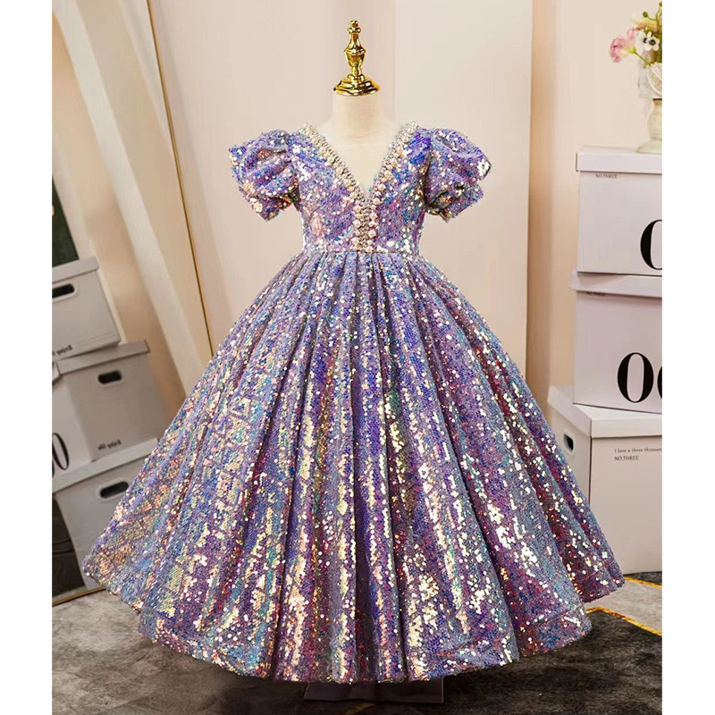 sequined Princess wer Girls Dresses For Wedding crystals pearls beaded 2024 3D ral Lace Appliques Lanvender Brithday Party Kids Toddler Pageant Dress