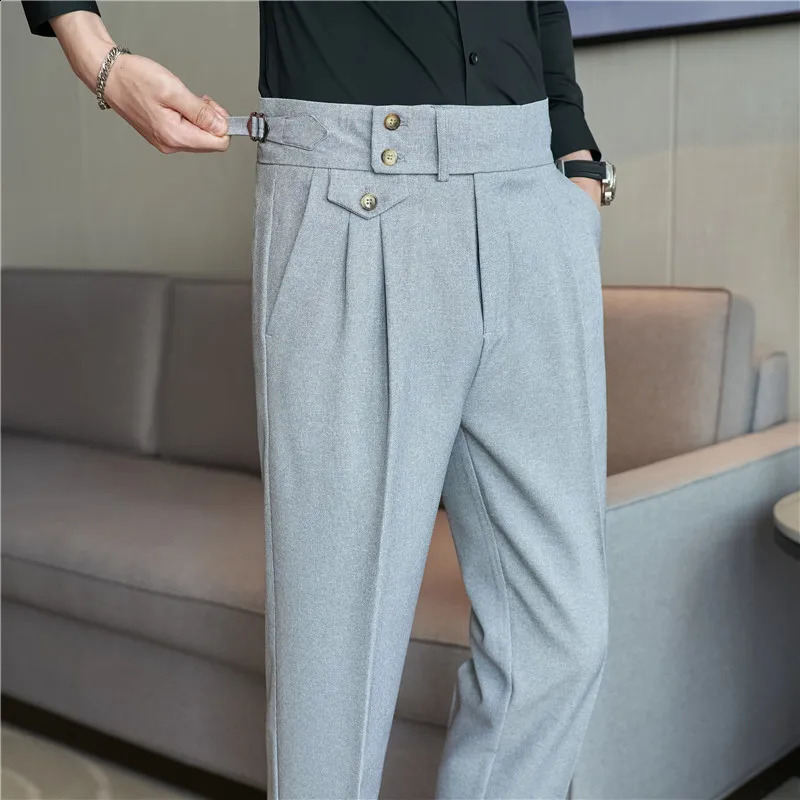 High Waist Men Suit Pants British Style Casual Dress Slim Fit Trousers Formal Office Wedding Party Pantalon Homme 240117