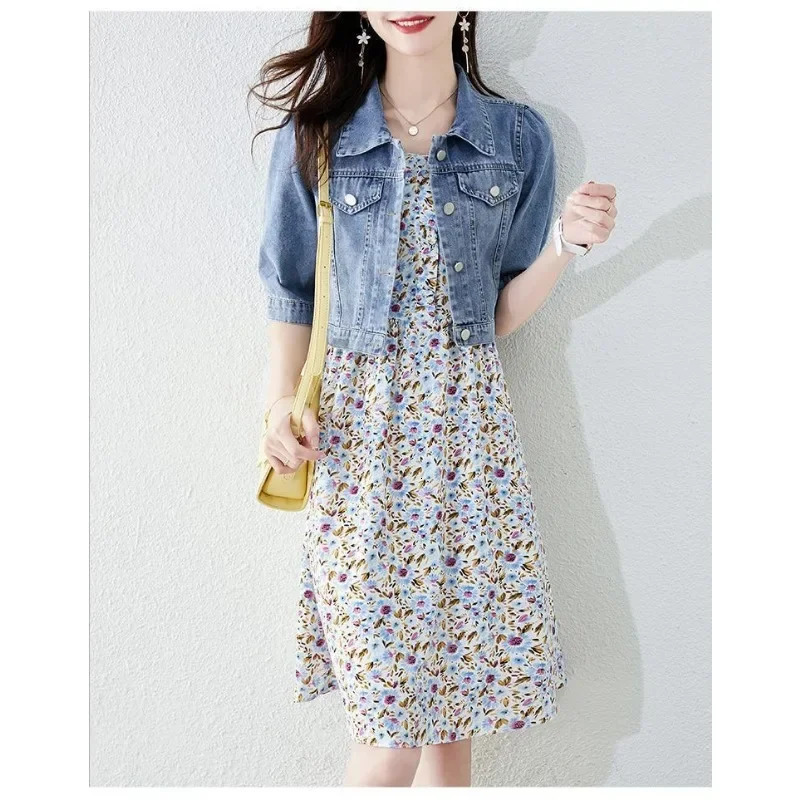 2023 Autumn Jacket Women Basic Solid Vintage Crops Trendy Turn Down Collar Half Sleeve Denim Fit Harajuku Street Female Outwear 240116