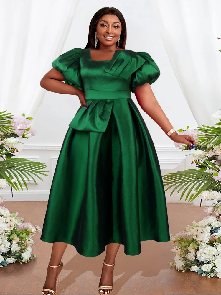 Puff Sleeve Ball Gown Dresses Plus Size Elegant Ladies High Waist Pleated Dark Green Ruffles Shiny Midi Evening Party Outfits 240116