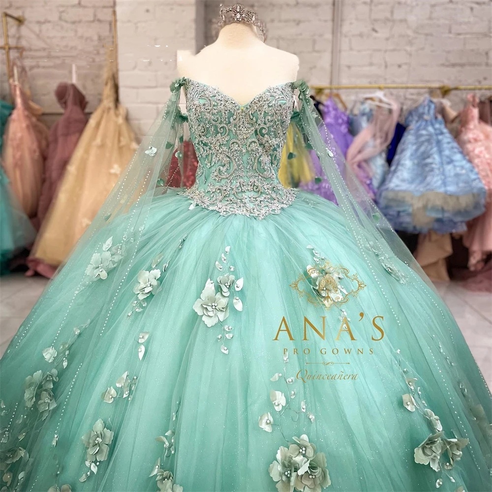 Princess Sage Green Off The Shoulder Ball Gown Quinceanera Dresses For Girls Beaded Celebrity Party Gowns 3D Flowers With Cape 0431