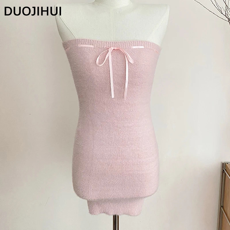 DUOJIHUI Two Piece Pink Sweet Women's Dresses Korean Style Knitting Soft Chic Bow Canshoulder Blast Pure Color Female Mini Dress 240117
