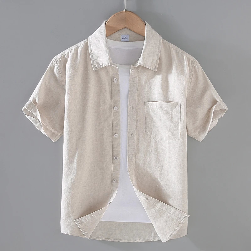 Cotton Linen Men's Short-Sleeved Shirts Summer Streetwear Plain Color Stand Collar Casual Beach Style Plus Size M-3XL 240117
