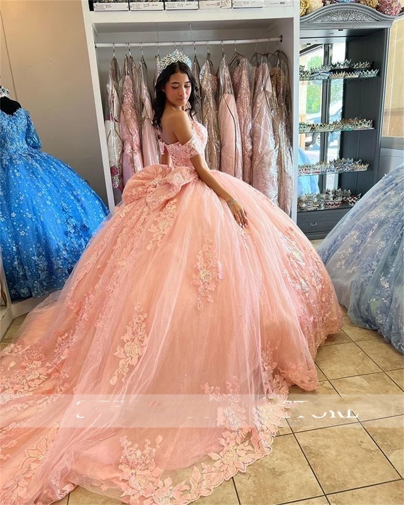the Off Princess Pink Shoulder Ball Gown Quinceanera Dresses Beaded Celebrity Party Gowns Appliques Graduation Bow Vestido De 15 s