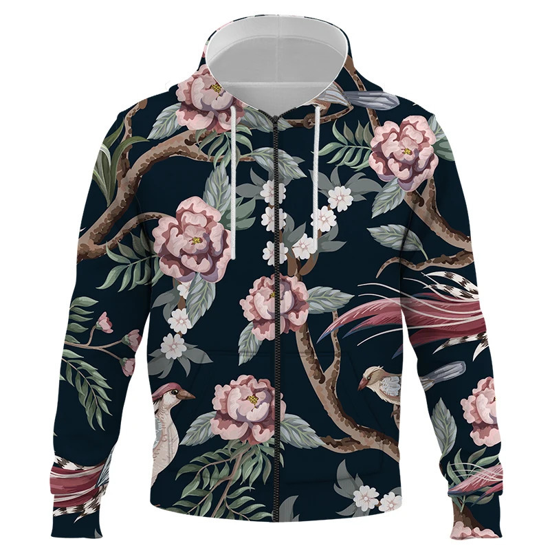 Flower bird and plant illustration 3D Print Zipper Hoodie Sweatshirts Men Women Fashion Casual Pullover Oversized Hoodies 240117