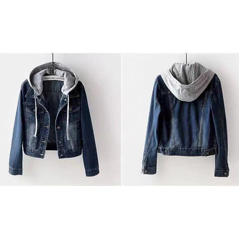 Denim Jacket Woman Hooded Short Style Clothing Retro Topcoat Pocket Buttons Long Sleeved Warm Tops Loose Fitting Autumn Winter 240116