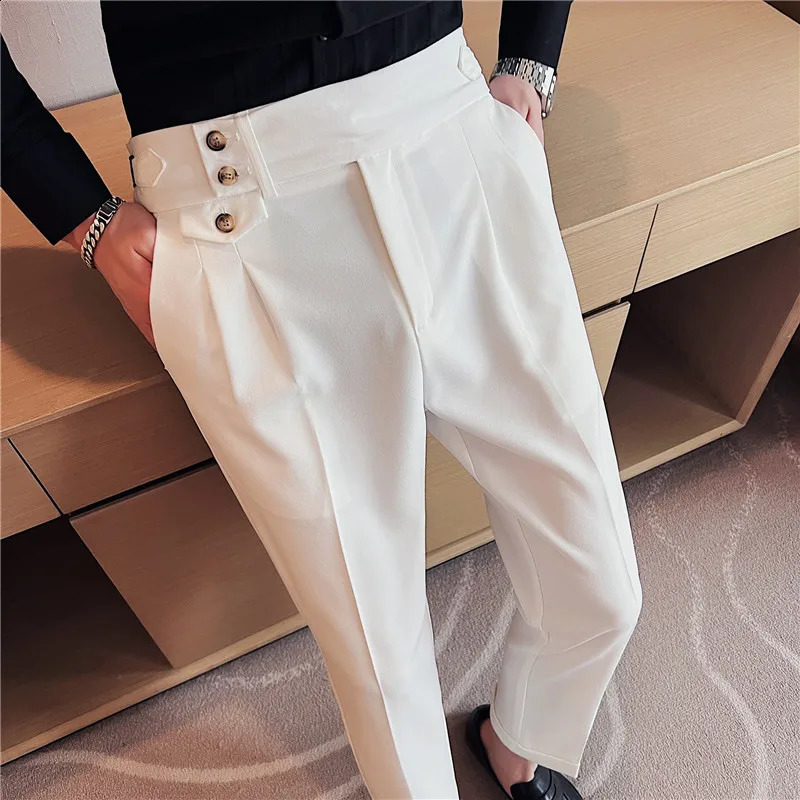 High Waist Men Suit Pants British Style Casual Dress Slim Fit Trousers Formal Office Wedding Party Pantalon Homme 240117