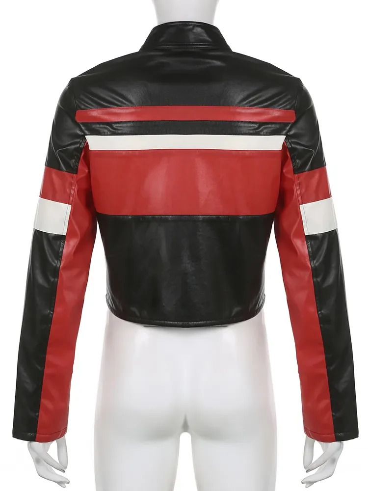 Patchwork Stitch Leather Bomber Jackets For Women 2023 In Outerwears Zip Up Long Sleeve Street Racing Coats Cropped 240116