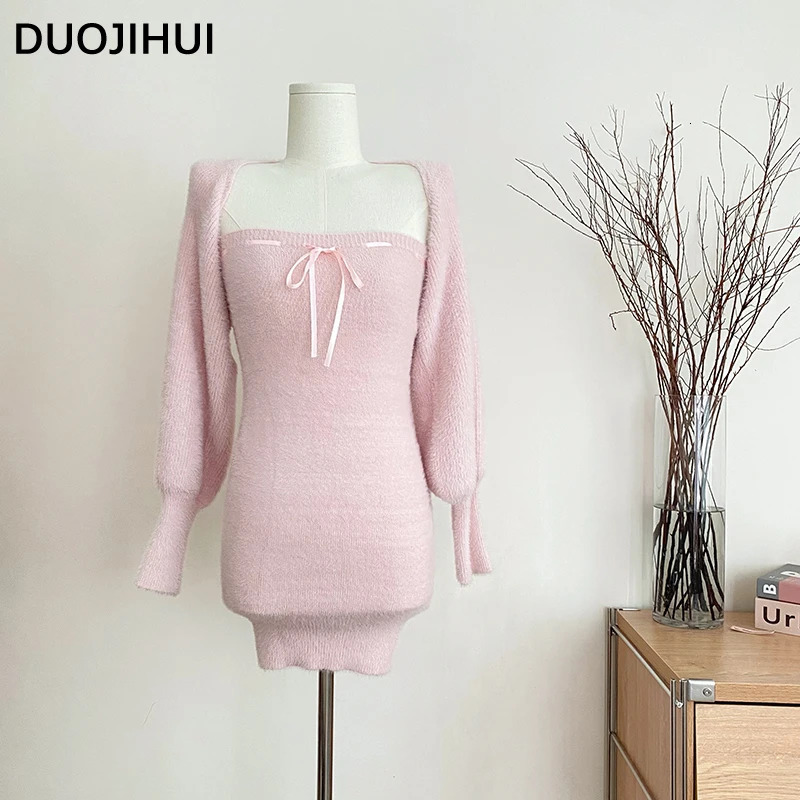 DUOJIHUI Two Piece Pink Sweet Women's Dresses Korean Style Knitting Soft Chic Bow Canshoulder Blast Pure Color Female Mini Dress 240117