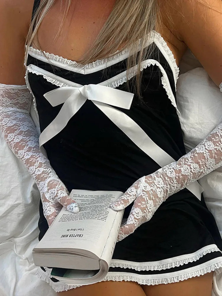 Absobe Patchwork Contrast Lace Up Bow Silp Mini Dress Women V-Neck Open Back tie Y2K Balletcore Slim A-line Short Dress 240117