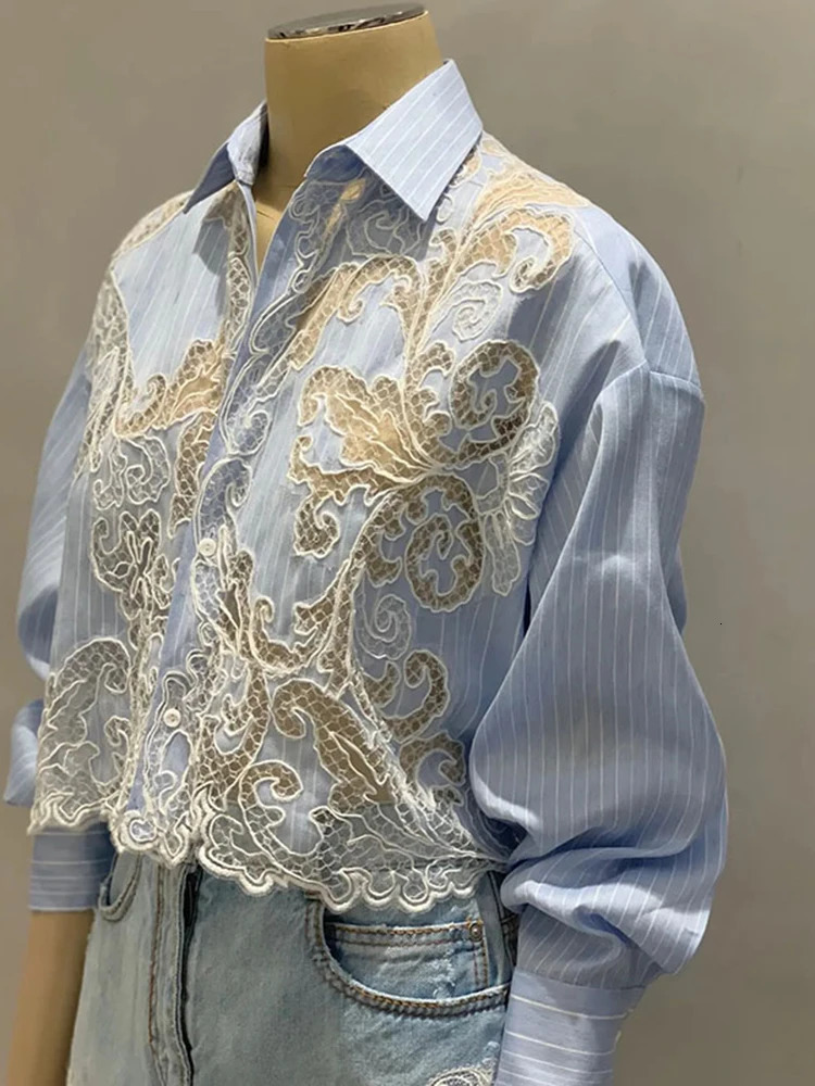 VGH Striped Patchwork Lace Elegant Shirt For Women Lapel Long Sleeve Spliced Irregular Hem Temperament Blouse Female Fashion 240116