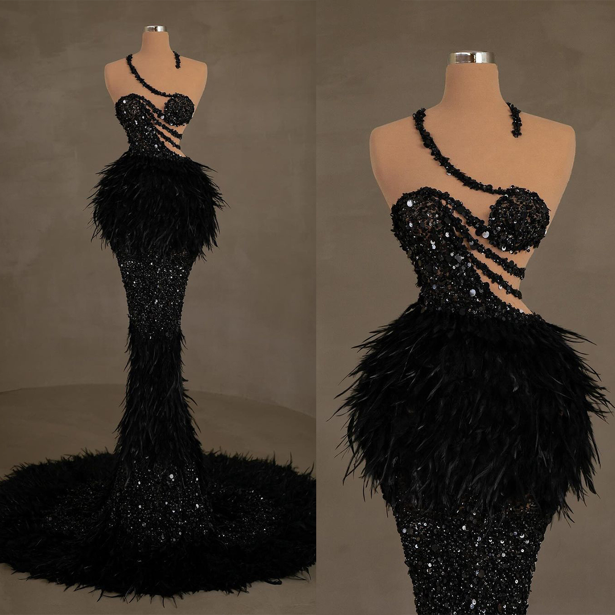 Evening Mermaid Feather Halter Prom Gowns Sleeveless Sequins Beaded Formal Ocn Party Dresses Custom Made