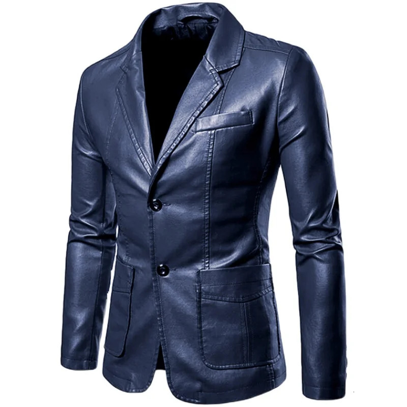 Blazer Man Spring Autumn Fashion Men's Leather Dress Suit Coat Male Business Casual Pu Black Blazers Jacket 240117