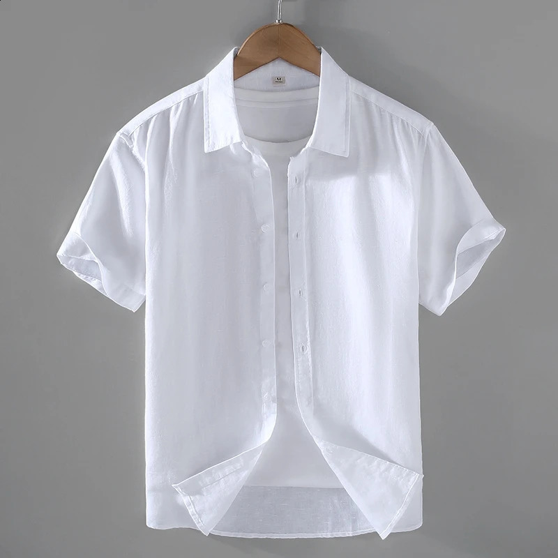 Cotton Linen Men's Short-Sleeved Shirts Summer Streetwear Plain Color Stand Collar Casual Beach Style Plus Size M-3XL 240117