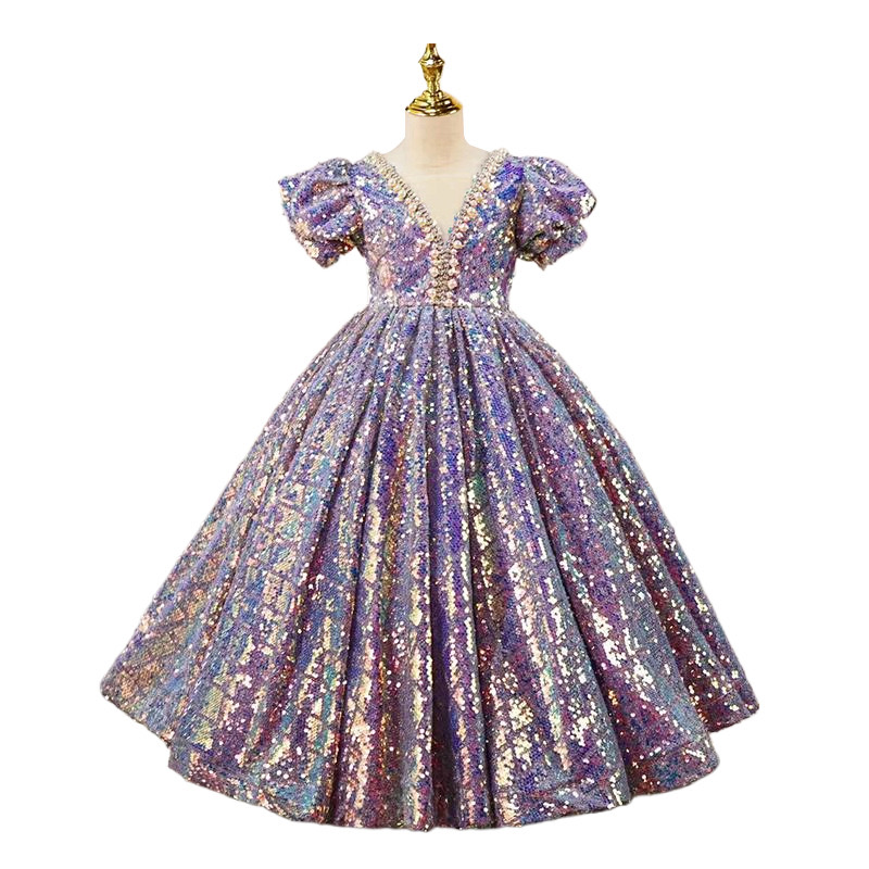 sequined Princess wer Girls Dresses For Wedding crystals pearls beaded 2024 3D ral Lace Appliques Lanvender Brithday Party Kids Toddler Pageant Dress