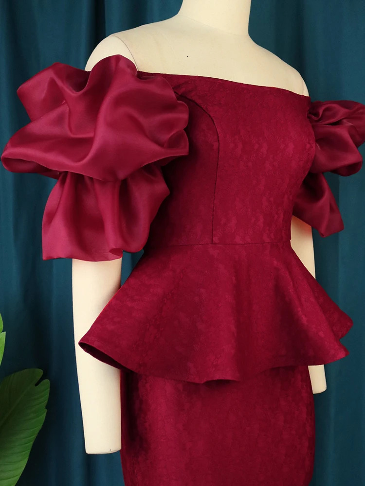 Plus Size 4XL Lace Dresse Burgundy Short Sleeve Off Shoulder Elegant Robes Peplum Midi Outfits Fall Evening Party 2023 240116