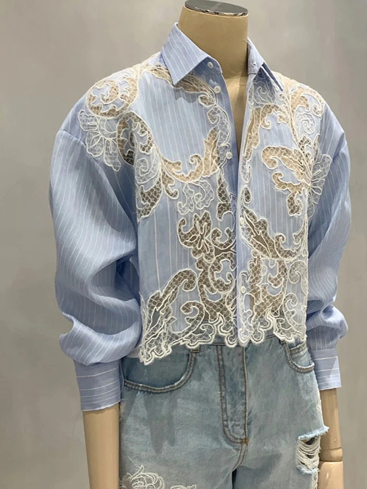 VGH Striped Patchwork Lace Elegant Shirt For Women Lapel Long Sleeve Spliced Irregular Hem Temperament Blouse Female Fashion 240116
