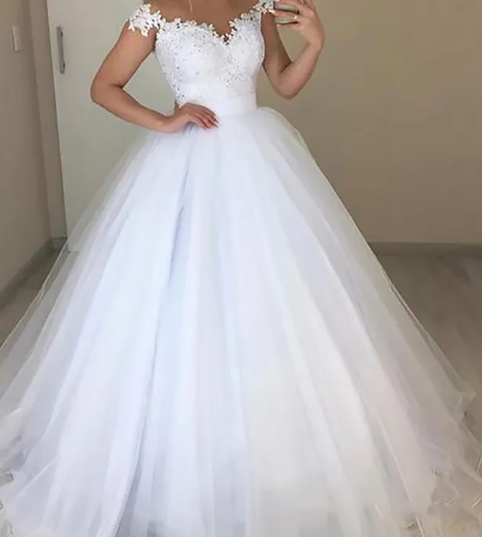 White Wedding Dresses Ivory Bridal Gowns Formal O-Neck Sleeveless Detachable Train Tulle Applique Beaded Custom Zipper Lace Up Plus Size New