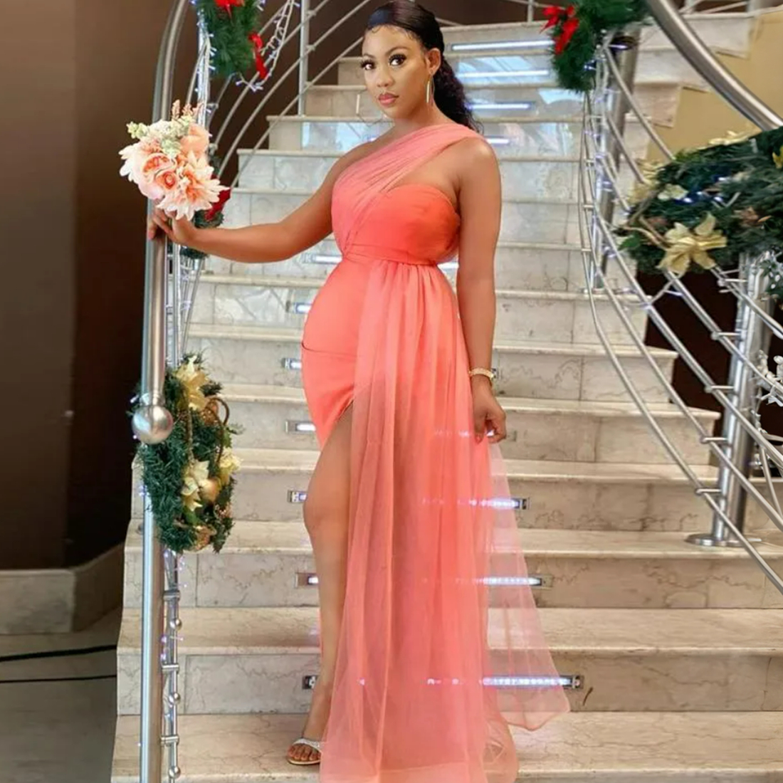 R&W Waterlemon Bridesmaid Dresses Mermaid One Shoulder High Split Tulle Maid of Honor Elastic Satin Bride Gowns for African Black Women Girls Marriage