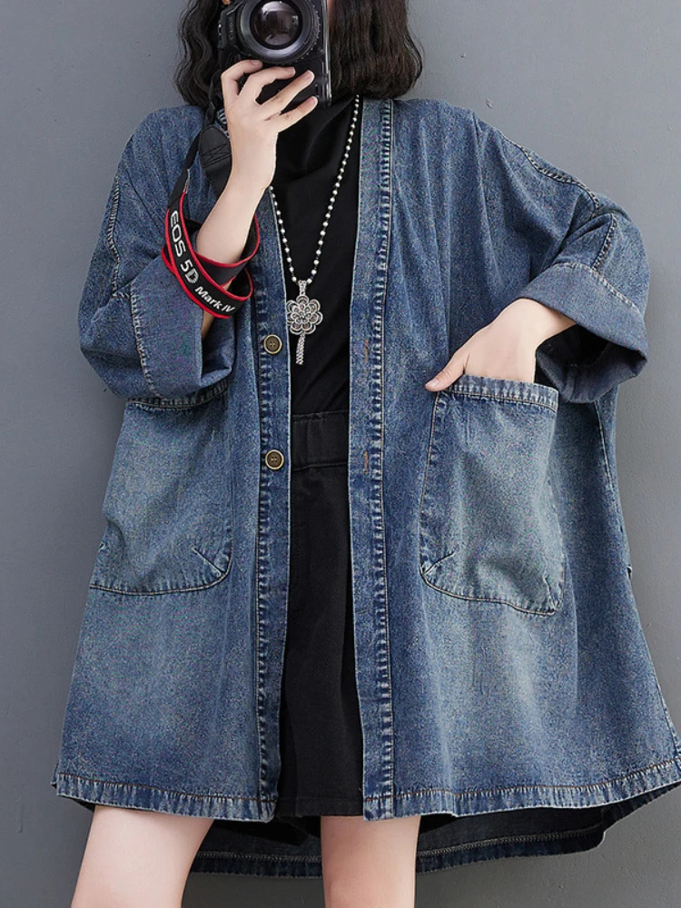 Jackets for Women 2023 Spring Autumn Vintage Vneck Pocket Denim Jacket Loose Oversized Trench Coats Top Blue Jean Woman 240117