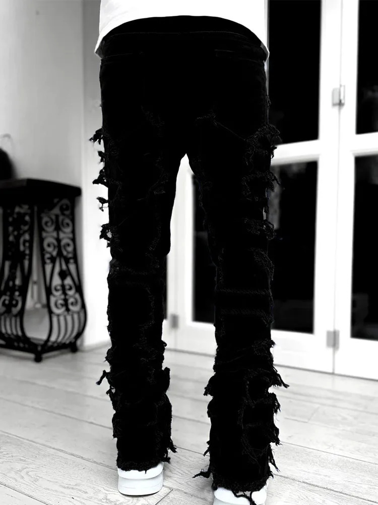 Streetwise Stretch Patch Jeans For Men Bottom Baggy Men's Clothing Summer Solid Fashion Mid Waist Patchwork Long Pants Male y240117