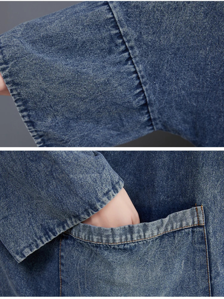 Jackets for Women 2023 Spring Autumn Vintage Vneck Pocket Denim Jacket Loose Oversized Trench Coats Top Blue Jean Woman 240117