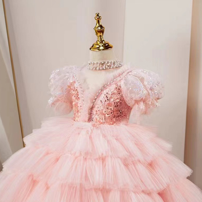2024 Elegant pink Flower Girl pearls beaded necklace sequined corset cap sleeves princess Cascading Kids Pageant Gowns For Weddings Holy Communion Dre
