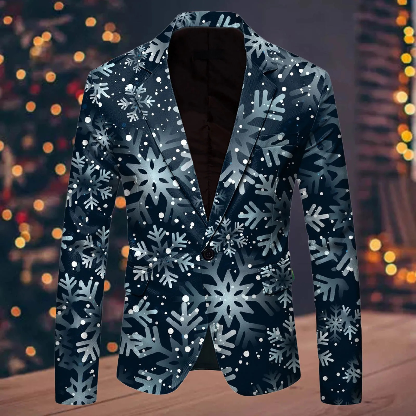 Men Suit Blazer Christmas Snowflake Santa Printed Pocket Lapel Button Suit Jacket Fashion Suit Gentleman Party Suit Men Clothing 240117