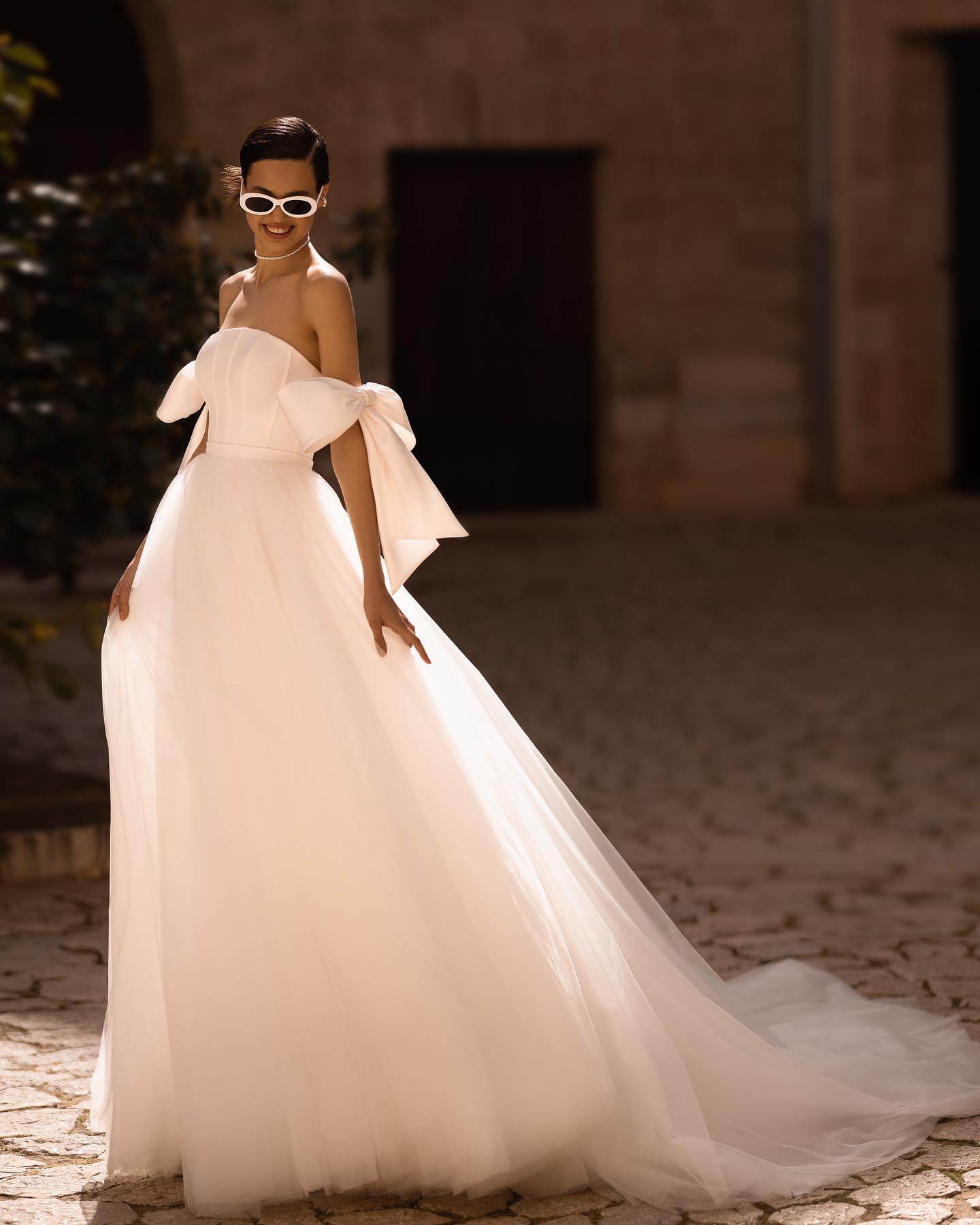 Elegant 2024 Wedding Dresses Bridal Gowns Bow Sleeve Strapless Tulle A Line Beach Boho Bride Dress