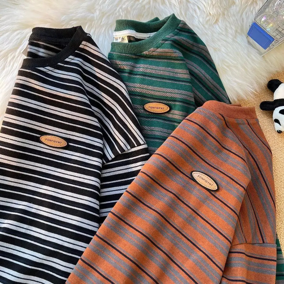 Fashion Korean striped long sleeved T hirt autumn American y2k street personality couple round neck simple loose sports hoodie 240117
