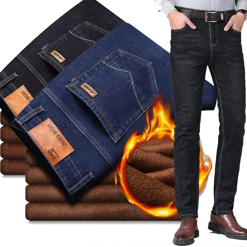 Men Stretch Thicken Jeans Fashion Black Denim Trousers For Male Autumn and Winter Classic Men's Business Jeans 240117