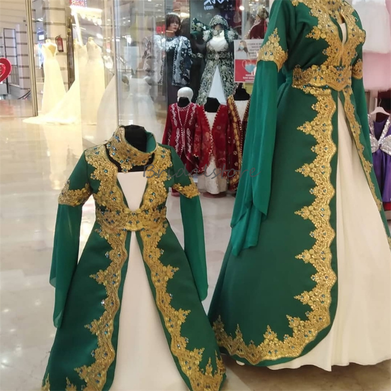 Green With White Turkish Wedding Dress With Appliques Vintage Long Sleeve Pakistani Beaded Gold Lace Kaftan Moroccan Bridal Dress 2024 Muslim Islamic 