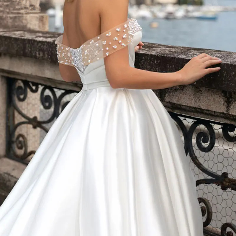 A Modern E Wedding Dress Sweetheart Off Shoulder Pearls Beading Backless Satin Bridal Gown Court Train Custom Made YD