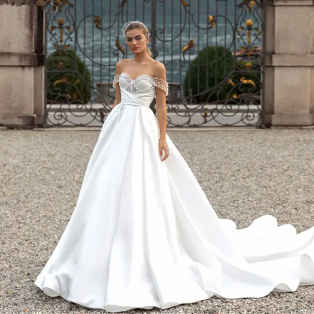 A Modern E Wedding Dress Sweetheart Off Shoulder Pearls Beading Backless Satin Bridal Gown Court Train Custom Made YD