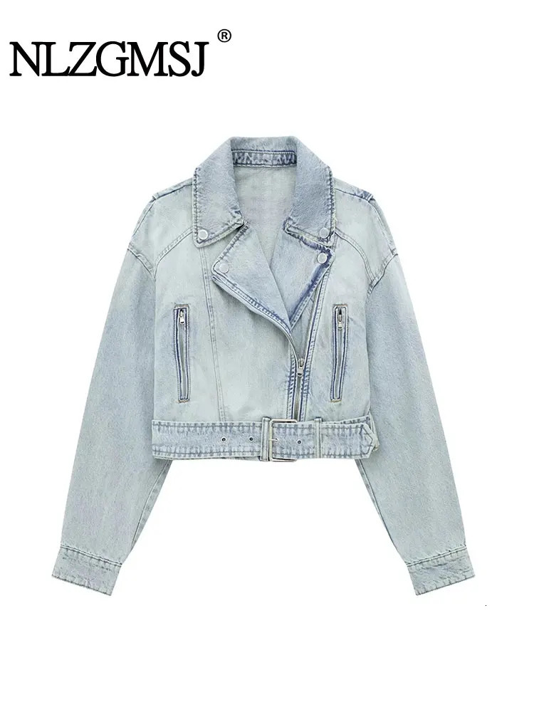 Nlzgmsj TRAF Women's Fashion 2023 Denim Biker Jacket Women Vintage Lapel Long Sleeve Zipper Belt Female Chic Coat 240117