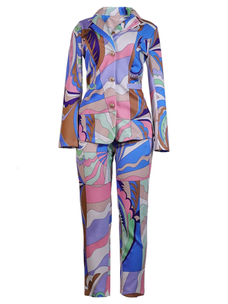 Women's Suits Set 2 Pieces Fashion Autumn Casual Print Long Sleeve Blazer Long Pant Sets Spring Elegant Suits for Women 240117